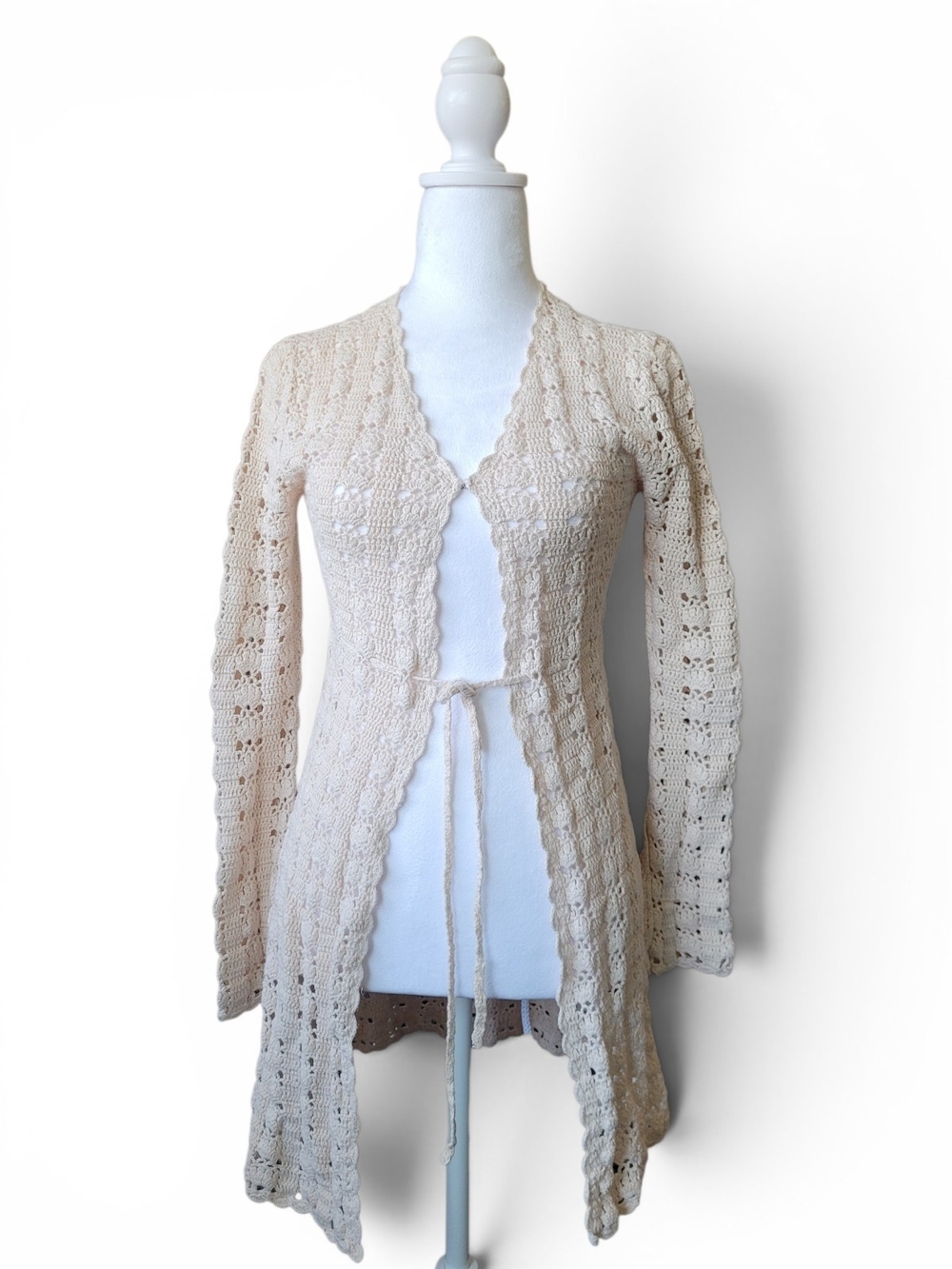 Vintage Cream Crochet Tie-Front Cardigan Y2K Boho Cottagecore Medium